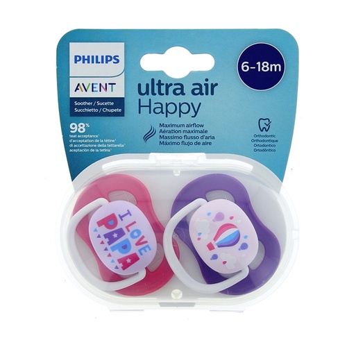 AVENT PACK 2 SUCETTES ULTRA AIR HAPPY 6-18 MOIS FILLE