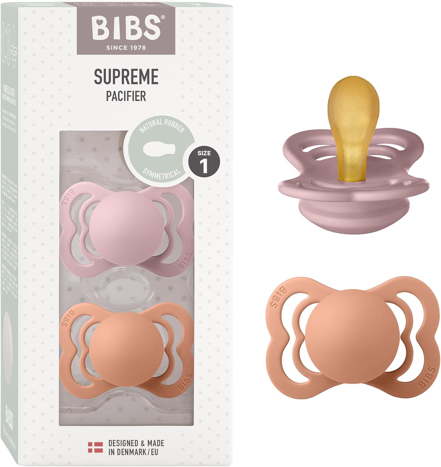 BIBS COUTURE SUCETTE SILICONE LOT DE 2 ANATOMIQUES ROSE PRUNE/PÊCHE TAILLE 1 (0-6 MOIS)